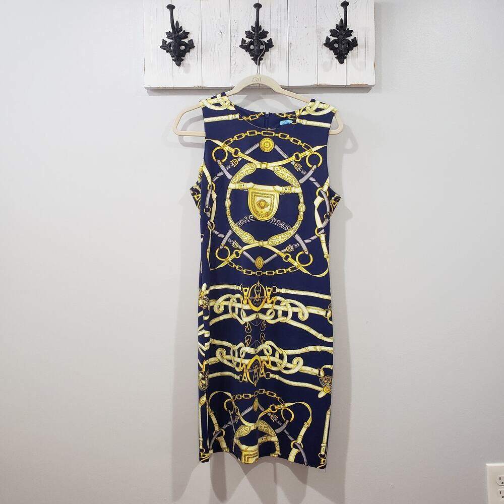 J McLaughlin Dress M Navy Gold Chain Print Preppy